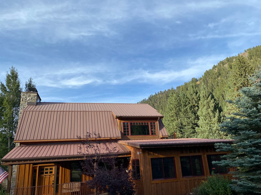 Rustic wooden house with metal roof, surrounded by trees and mountains under a blue sky.