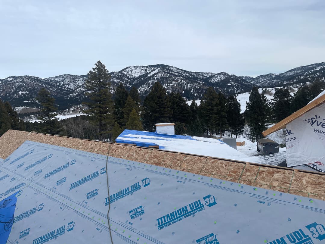 Snow-covered mountains and pine trees with a roof installation in the foreground.