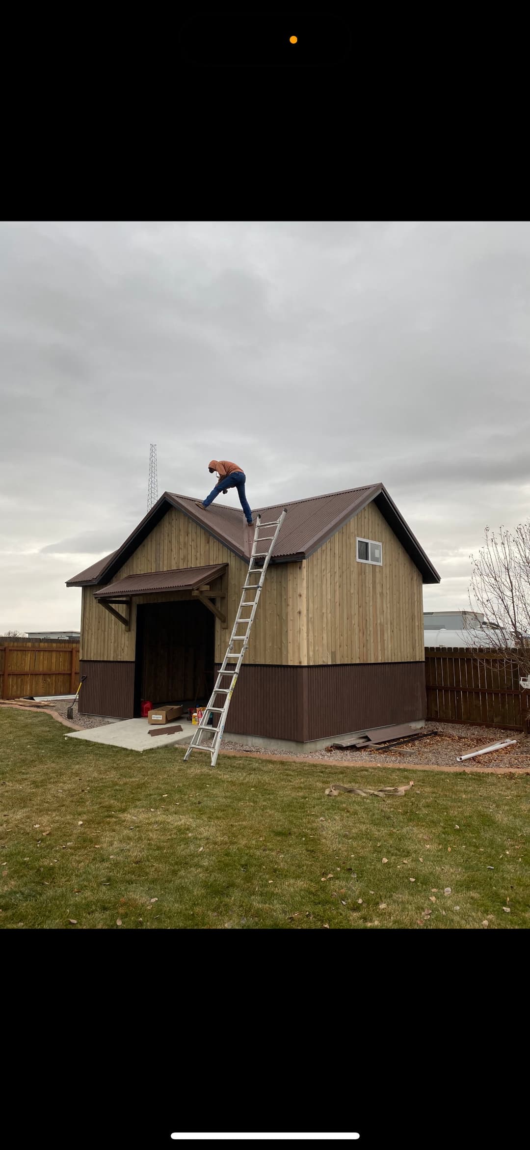 Person standing on a ladder working on the roof of a wooden shed in a backyard.